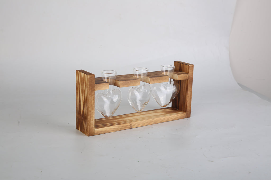 1Pc Plant Terrarium Propagation Station With 3 Heart Shaped Vases Wooden Stand Desktop Air Planter Bulb Glass Vase For Hydroponics Home Office Decor Gift For Plant Lovers
