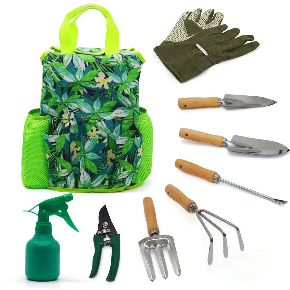 9-Piece Garden Tools Set with Gloves and Colorful Tote - Gardening Kit Deal US