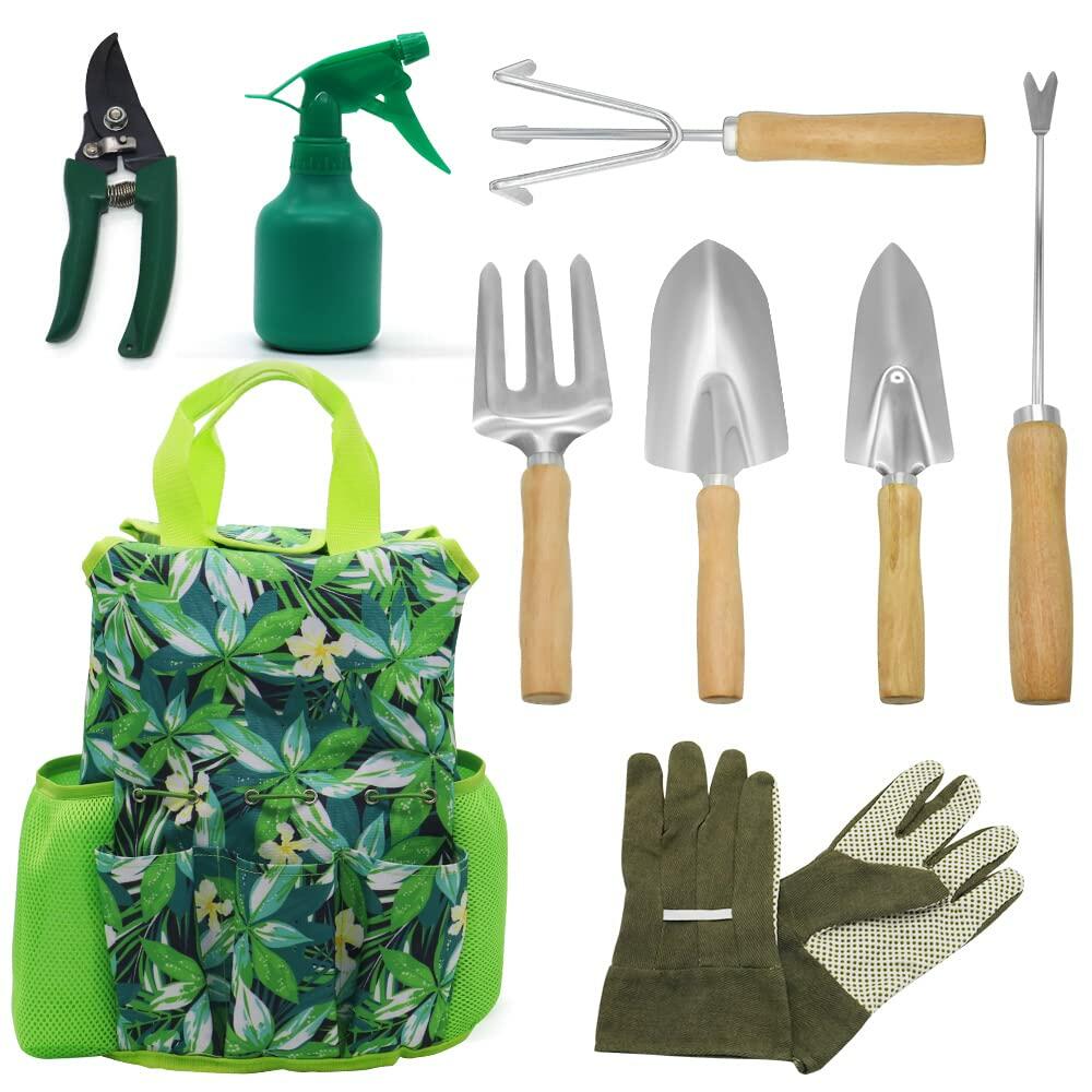 9-Piece Garden Tools Set with Gloves and Colorful Tote - Gardening Kit Deal US