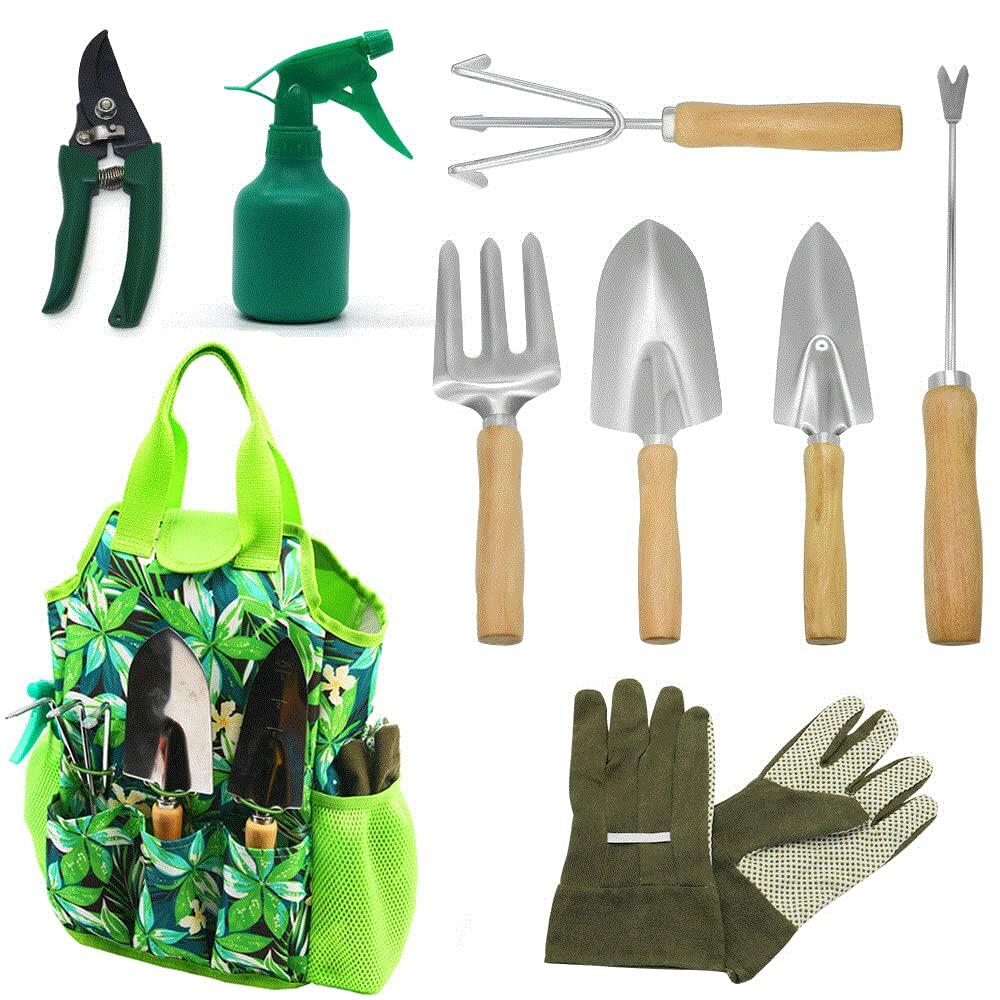 9-Piece Garden Tools Set with Gloves and Colorful Tote - Gardening Kit Deal US